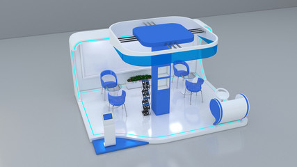 Stand kiosk mock-up template. 3D rendering exhibition stand render model expo template design...