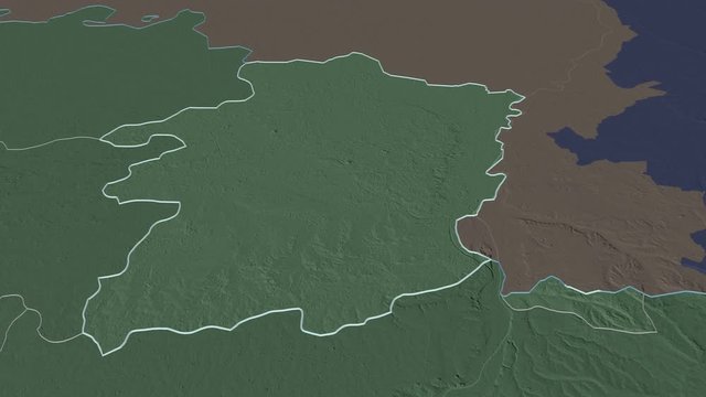 Limburg, province with its capital, zoomed and extruded on the administrative map of Belgium in the conformal Stereographic projection. Animation 3D