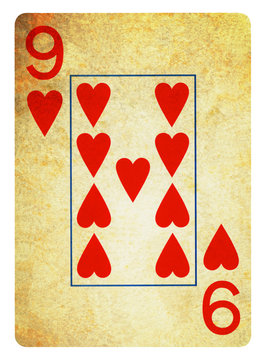 Nine of Hearts Vintage playing card - isolated on white (clipping path included)	