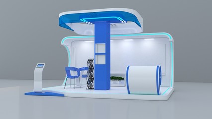 Stand kiosk mock-up template. 3D rendering exhibition stand render model expo template design...