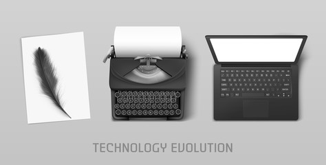Technology evolution from ancient feather to vintage typewriter and modern laptop. Vector concept illustration of progress in writing literature from paper to computer with keyboard and screen