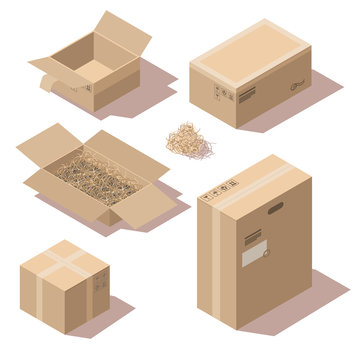 Isometric brown cardboard delivery package boxes open and closed. Vector set of storage boxes empty and with shredded paper filler. Goods packaging for shipping, cargo transportation