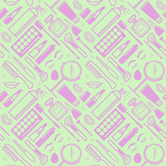 Makeup and cosmetic products seamless pattern. Beauty and fashion vector symbols.