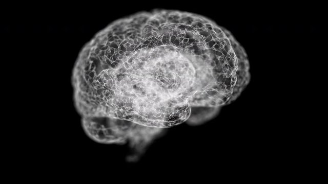 Analyzing of right and left hemispheres of a human brain rotating on dark background.