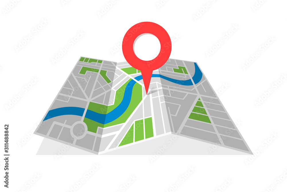 Poster city street cartography folded map with navigation location pin pointer. finding the way direction c