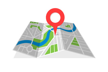 City street cartography folded map with navigation location pin pointer. Finding the way direction concept vector illustration