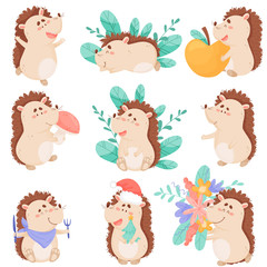Cartoon Hedgehog Character Holding Apple and Flowers Vector Set