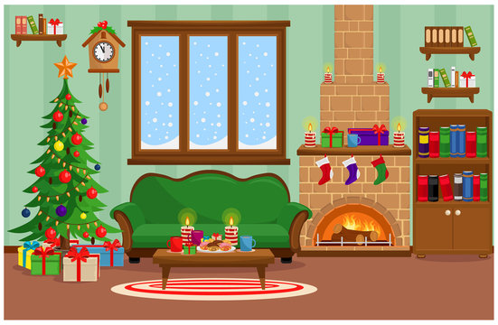 Vector room prepared for the celebration of new year and Christmas. Interior with Christmas tree, fireplace, furniture and treats for the holiday.