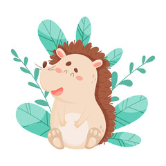 Smiling Hedgehog Character Sitting Beside the Bush Vector Illustration