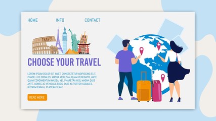 Travel Agency International Tours, Airline Charters Trendy Flat Vector Web Banner, Landing Page Template. Male, Female Tourists, Travelers with Baggage Bags Choosing Destinations on Map Illustration