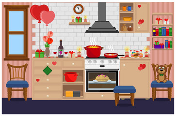 Kitchen prepared for the celebration of Valentine's day. Vector illustration on the theme of the interior.