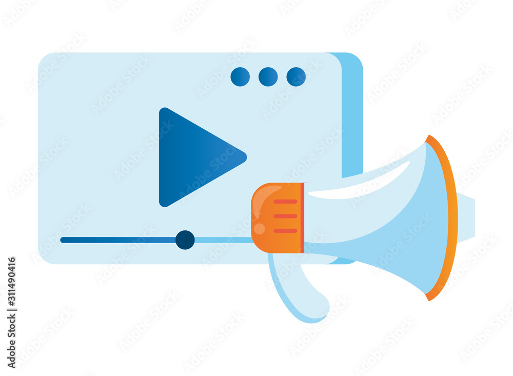 Poster media player template with play button and megaphone