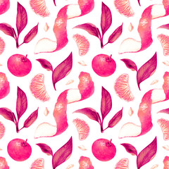 Mandarin and leaves branch watercolor seamless pattern. Pink neon color. Botanical painting illustration isolated on white background