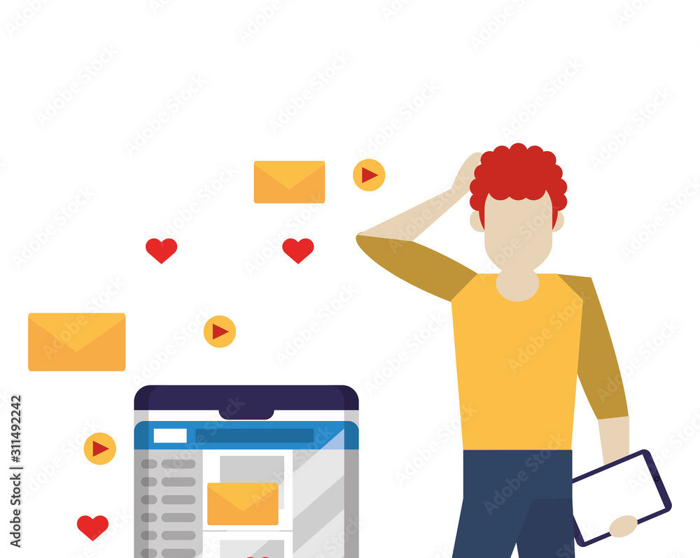 Poster man using tablet with social media app