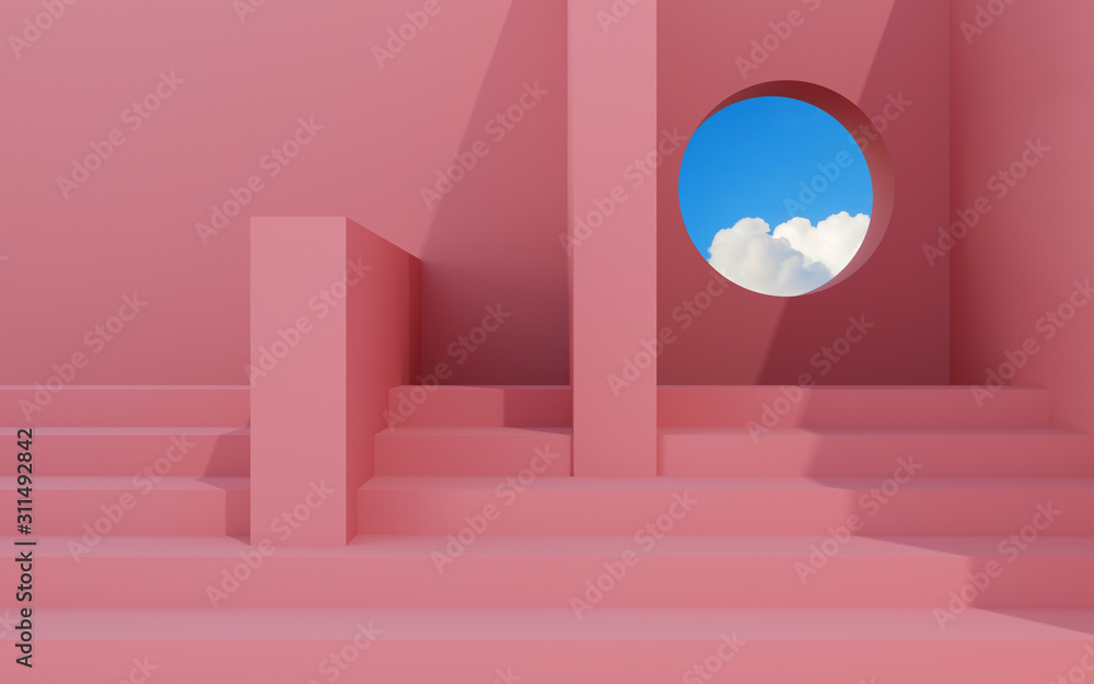 Aufkleber minimal interior space with geometric form and pastels color,sun light cast the shadow on wall with 