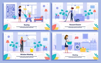 Executive Cleaning Service, Household Jobs Trendy Flat Vector Promo Banner, Poster Templates Set. Female, Male Workers Vacuuming Room Floor, Washing Window with Mop, Dusting and Washing Illustration