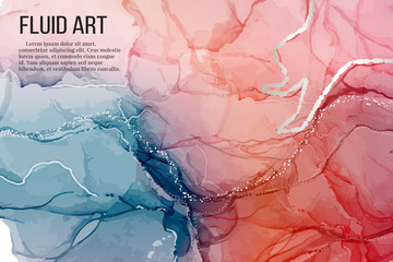 Fototapeta premium Vector contrast red blue rose silver marble poster, alcohol ink greeting card, website banner, abstract packaging with liguid flows background