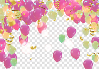 Festive poster with balloons and serpentine. Holiday decoration Vector background.