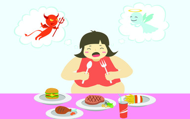 Fat woman eating fast food, She have angel and devil in her mind