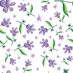 watercolor seamless pattern with violet, purple flowers with green leaves on white background