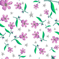 watercolor seamless pattern with violet, purple flowers with green leaves on white background