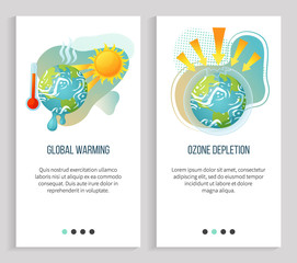 Fototapeta premium Ozone depletion vector, global warming and problems with natural resources of planet, earth with sunshine of sun and temperature, hot sunrays. Website or slider app, landing page flat style