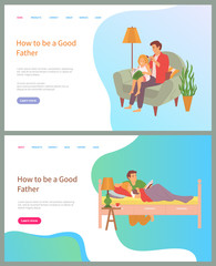 How to be good father vector, daddy brushing hair of daughter, man reading book to kid laying in bed, bedtime stories, tales from book set. Website or slider app, landing page flat style