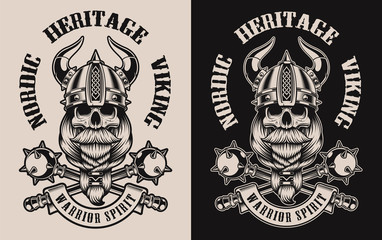Set of  illustrations with a viking skull