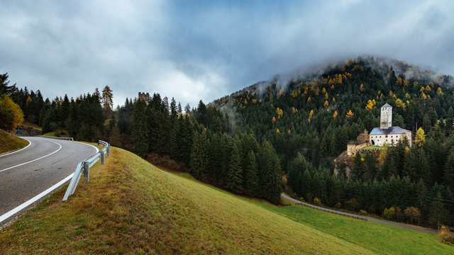 Castle Welsperg in Taisten in the heart of the dolomites in South Tyrol-Italy in the Puster valley. Cloudy autumn day.