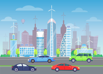 Modern city vector, contemporary look of cityscape. Trees and plans bushes along roads, cars and transports on streets. Solar batteries and skyscrapers