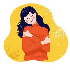 Love yourself concept, Woman hugging herself, Vector Illustration