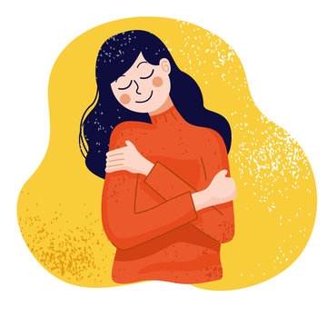 Love Yourself Concept, Woman Hugging Herself, Vector Illustration