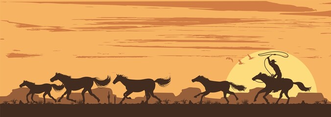Fototapeta na wymiar Silhouette of a cowboy chasing wild horses in desert, Vector