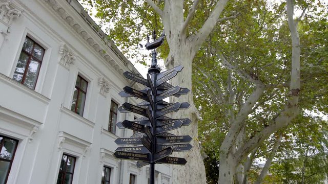 Wrap around unique metal sign with arrows pointing to many cities around world