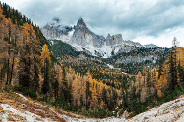 Colourful forest and Dolomite mountains surrounded by clouds in South Tyrol, Italy /View from Lago di Sorapis hiking trail / High ISO image