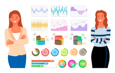 Teamwork of females vector, entrepreneurs with infocharts and analyzed data in visual format, smiling women wearing formal clothes, lady secretary