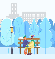 Man and woman in love cuddling in winter city park. Couple hugging sitting on bench. Winter cityscape with trees and buildings. Girlfriend and boyfriend on date in evening outdoors. Vector in flat