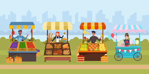 Local street food market flat vector illustration