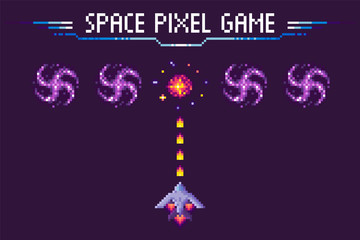 Spaceship shooting to cosmic sign, space pixel game, invader ship with laser on purple, screen of video-game, detonation and rocket, bomb element vector