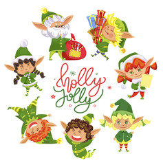 Holly jolly greeting card for christmas holidays celebration. Isolated set of elves and calligraphic inscription. Girls and boys, small kids wearing green costumes and traditional hats, vector
