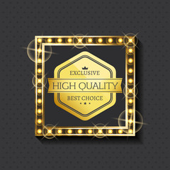 Warranty for high quality of production vector, isolated badge made of gold. Label in golden frame, framed banner with inscription, emblem advertisement