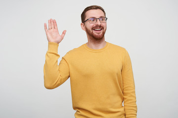 Shot of cheerful young handsome brown haired bearded guy in eyewear raising palm in hello gesture while looking positively aside with sincere smile, posing over white background in mustard pullover