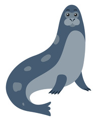 Arctic marine animal with fins on white. Card with cartoon fur seal character with blue thick fur and dotted pattern on back. Simple postcard with underwater mammal with long fore-flippers vector