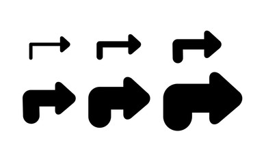 Set Arrows and directions signs right or next. different thicknesses from thin to thick. Black Vector arrows isolated on white background.