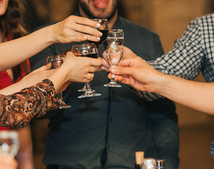 hands of a group of friends clinking glasses of alcoholic beverage and toasting and congratulating
