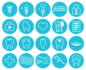 Dental Icons Set. Collection Thin white lines symbol in blue circle. Linear style of icons. Vector illustration.