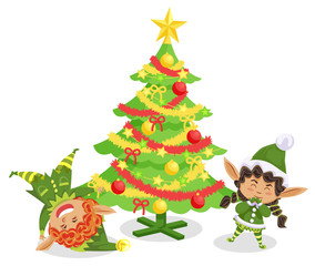 Fototapeta premium Elves funny cartoon characters tumbling near Christmas tree decorated by toys. Winter holiday card with gnome hero in traditional costume near fir-tree. Postcard with spruce and Xmas assistant vector