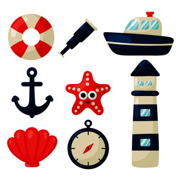 nautical set icons cartoon style. isolated on white background. vector illustration.