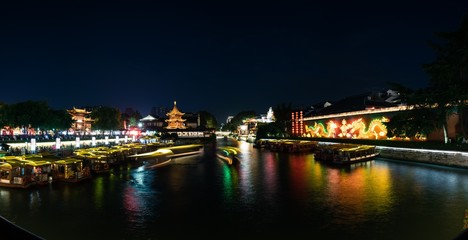 Night scene over Qinhuai river in Confucius Temple in Nanjing city