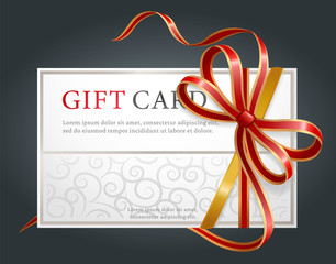 Gift card with ribbons and bow, Birthday present, shopping offer. Holiday voucher, certificate for buying goods or services. Spa procedures or beauty and fashion shops coupon vector illustration